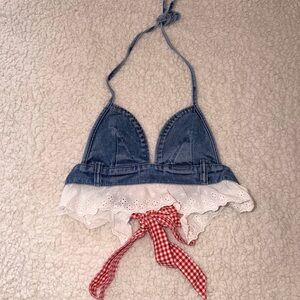 Denim Eyelet Ruffle Halter Top with Red Gingham Bow